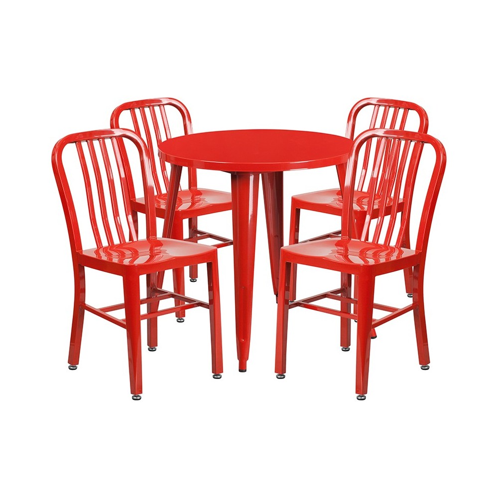Commercial Grade 30" Round Red Metal Indoor-Outdoor Table Set with 4 Vertical Slat Back Chairs Commercial Grade 30" Round Red Metal Indoor-Outdoor Table Set with 4 Vertical Slat Back Chairs