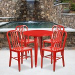 Commercial Grade 30" Round Red Metal Indoor-Outdoor Table Set with 4 Vertical Slat Back Chairs