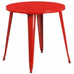 Commercial Grade 30" Round Red Metal Indoor-Outdoor Table Set with 4 Vertical Slat Back Chairs