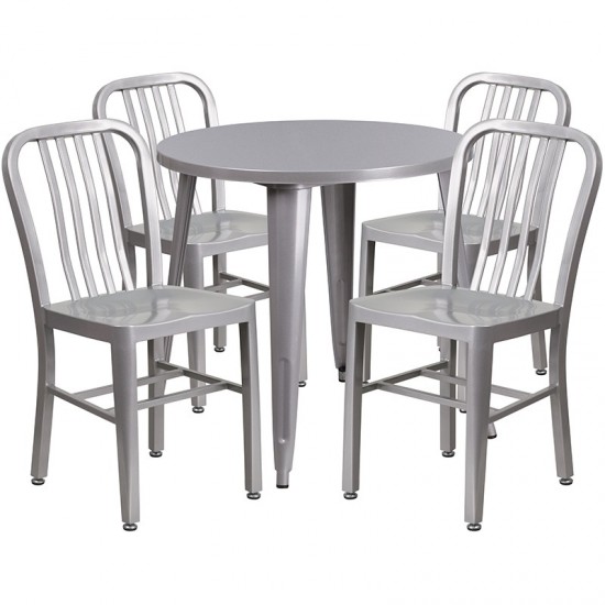 Commercial Grade 30" Round Silver Metal Indoor-Outdoor Table Set with 4 Vertical Slat Back Chairs