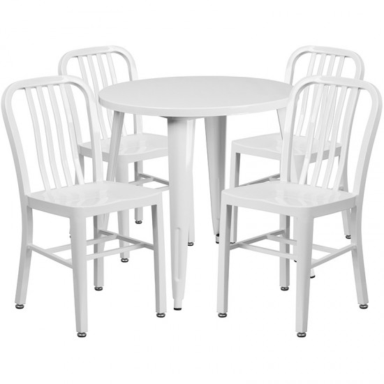 Commercial Grade 30" Round White Metal Indoor-Outdoor Table Set with 4 Vertical Slat Back Chairs