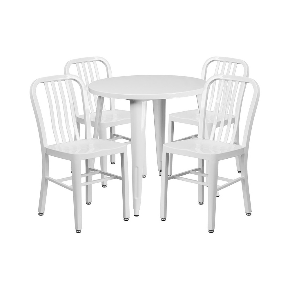 Commercial Grade 30" Round White Metal Indoor-Outdoor Table Set with 4 Vertical Slat Back Chairs