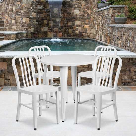 Commercial Grade 30" Round White Metal Indoor-Outdoor Table Set with 4 Vertical Slat Back Chairs