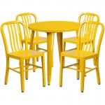 Commercial Grade 30" Round Yellow Metal Indoor-Outdoor Table Set with 4 Vertical Slat Back Chairs