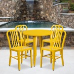 Commercial Grade 30" Round Yellow Metal Indoor-Outdoor Table Set with 4 Vertical Slat Back Chairs