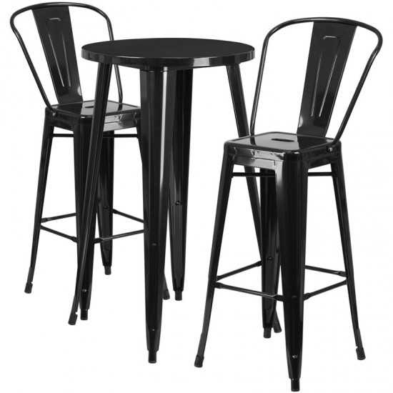 Commercial Grade 24" Round Black Metal Indoor-Outdoor Bar Table Set with 2 Cafe Stools