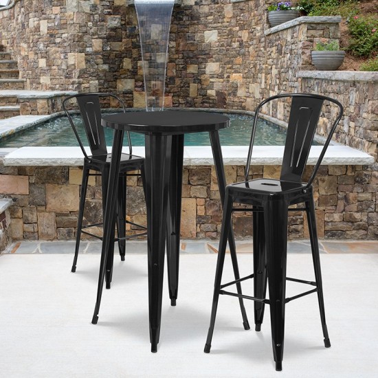 Commercial Grade 24" Round Black Metal Indoor-Outdoor Bar Table Set with 2 Cafe Stools