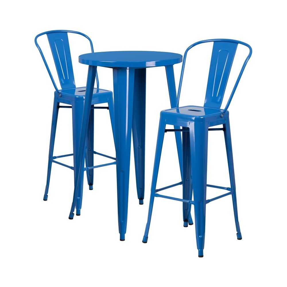 Commercial Grade 24" Round Blue Metal Indoor-Outdoor Bar Table Set with 2 Cafe Stools