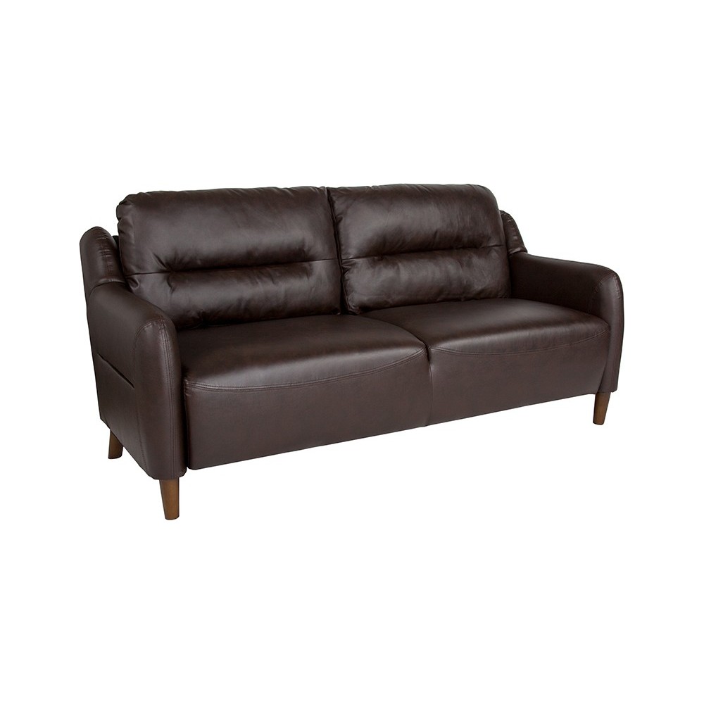 Newton Hill Upholstered Bustle Back Sofa in Brown LeatherSoft Newton Hill Upholstered Bustle Back Sofa in Brown LeatherSoft