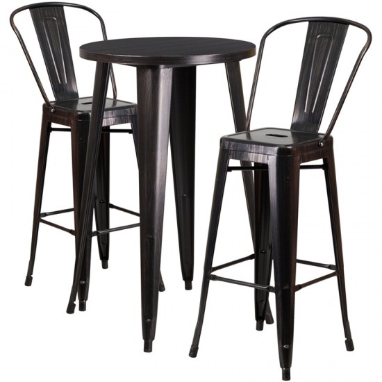 Commercial Grade 24" Round Black-Antique Gold Metal Indoor-Outdoor Bar Table Set with 2 Cafe Stools