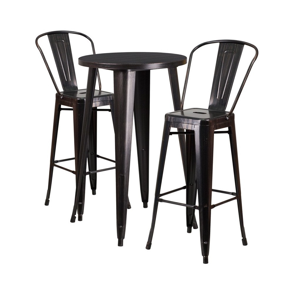 Commercial Grade 24" Round Black-Antique Gold Metal Indoor-Outdoor Bar Table Set with 2 Cafe Stools