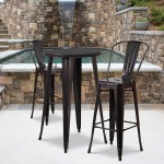 Commercial Grade 24" Round Black-Antique Gold Metal Indoor-Outdoor Bar Table Set with 2 Cafe Stools