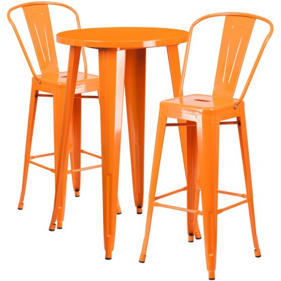 Commercial Grade 24" Round Orange Metal Indoor-Outdoor Bar Table Set with 2 Cafe Stools