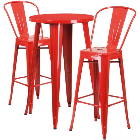 Commercial Grade 24" Round Red Metal Indoor-Outdoor Bar Table Set with 2 Cafe Stools