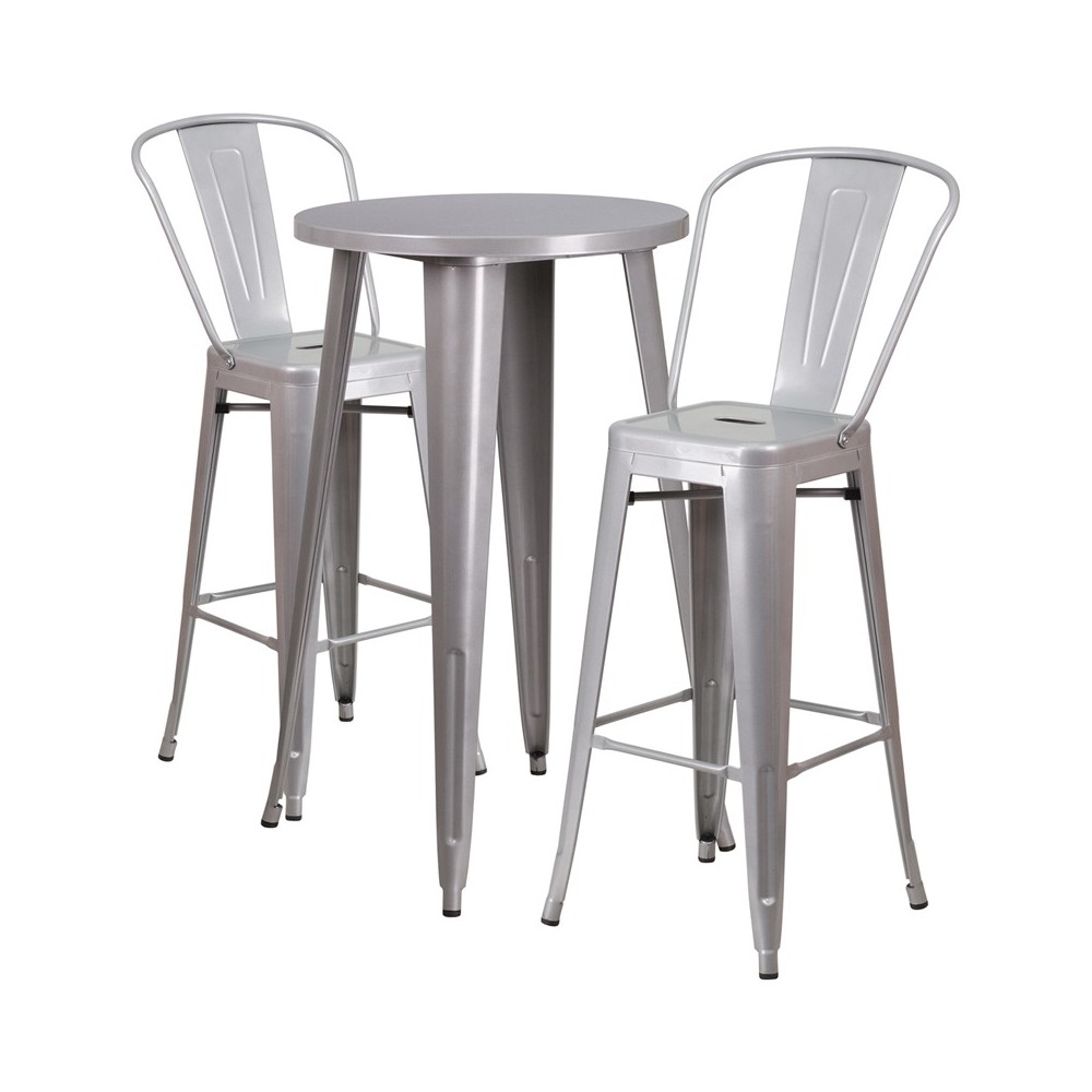 Commercial Grade 24" Round Silver Metal Indoor-Outdoor Bar Table Set with 2 Cafe Stools Commercial Grade 24" Round Silver Metal Indoor-Outdoor Bar Table Set with 2 Cafe Stools