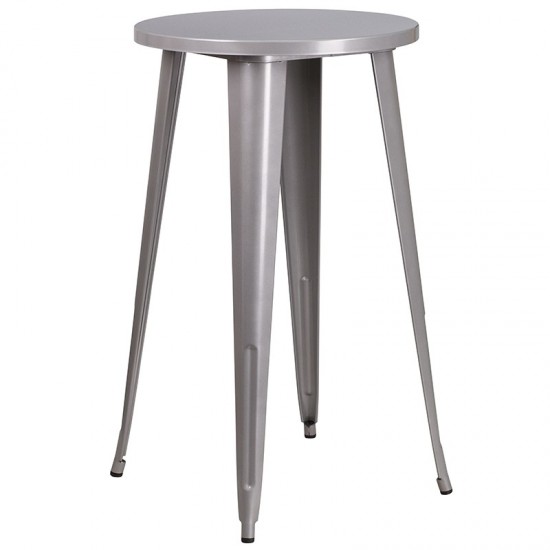 Commercial Grade 24" Round Silver Metal Indoor-Outdoor Bar Table Set with 2 Cafe Stools