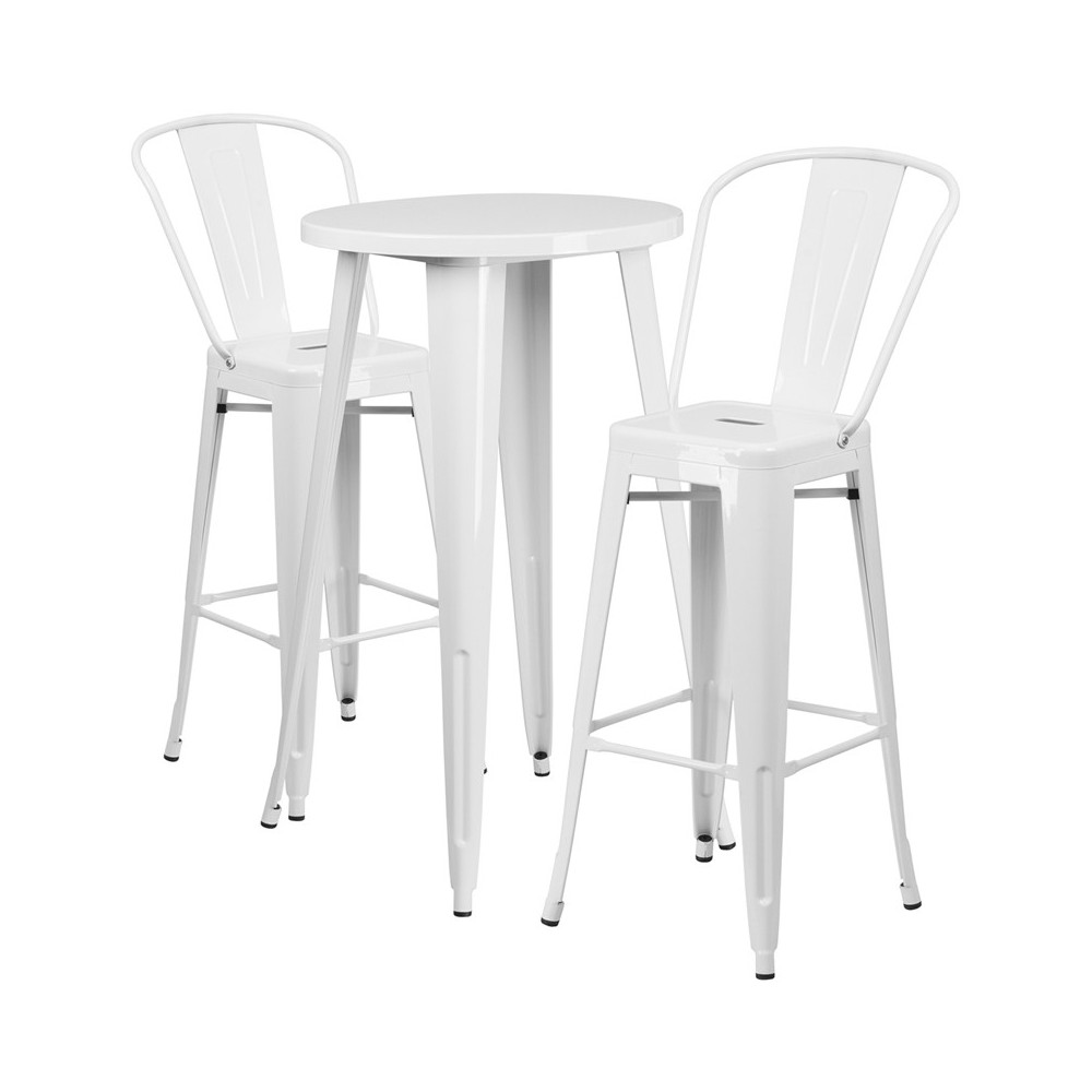 Commercial Grade 24" Round White Metal Indoor-Outdoor Bar Table Set with 2 Cafe Stools Commercial Grade 24" Round White Metal Indoor-Outdoor Bar Table Set with 2 Cafe Stools