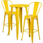 Commercial Grade 24" Round Yellow Metal Indoor-Outdoor Bar Table Set with 2 Cafe Stools