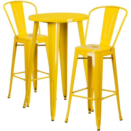 Commercial Grade 24" Round Yellow Metal Indoor-Outdoor Bar Table Set with 2 Cafe Stools