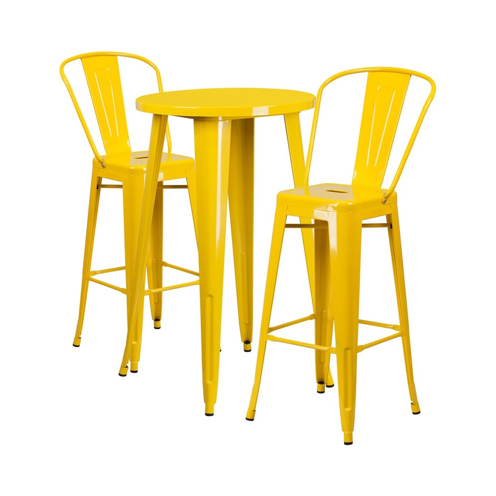 Commercial Grade 24" Round Yellow Metal Indoor-Outdoor Bar Table Set with 2 Cafe Stools Commercial Grade 24" Round Yellow Metal Indoor-Outdoor Bar Table Set with 2 Cafe Stools