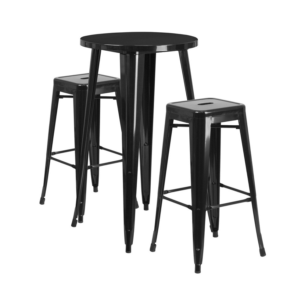 Commercial Grade 24" Round Black Metal Indoor-Outdoor Bar Table Set with 2 Square Seat Backless Stools Commercial Grade 24" Round Black Metal Indoor-Outdoor Bar Table Set with 2 Square Seat Backless Stools