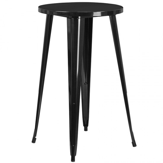 Commercial Grade 24" Round Black Metal Indoor-Outdoor Bar Table Set with 2 Square Seat Backless Stools