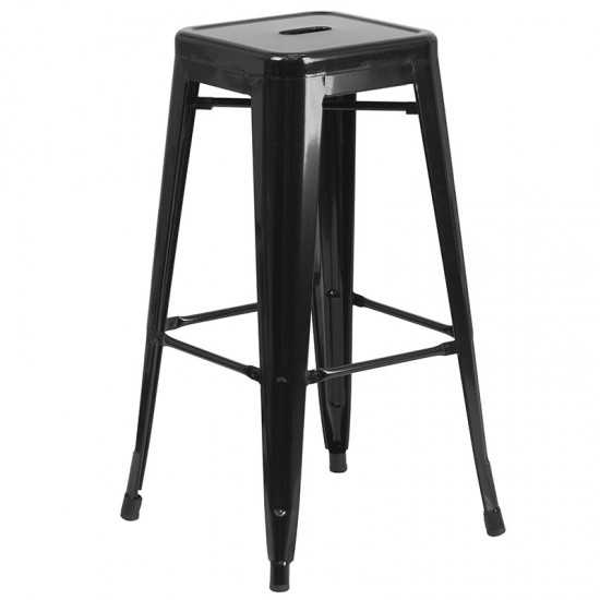 Commercial Grade 24" Round Black Metal Indoor-Outdoor Bar Table Set with 2 Square Seat Backless Stools