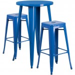 Commercial Grade 24" Round Blue Metal Indoor-Outdoor Bar Table Set with 2 Square Seat Backless Stools