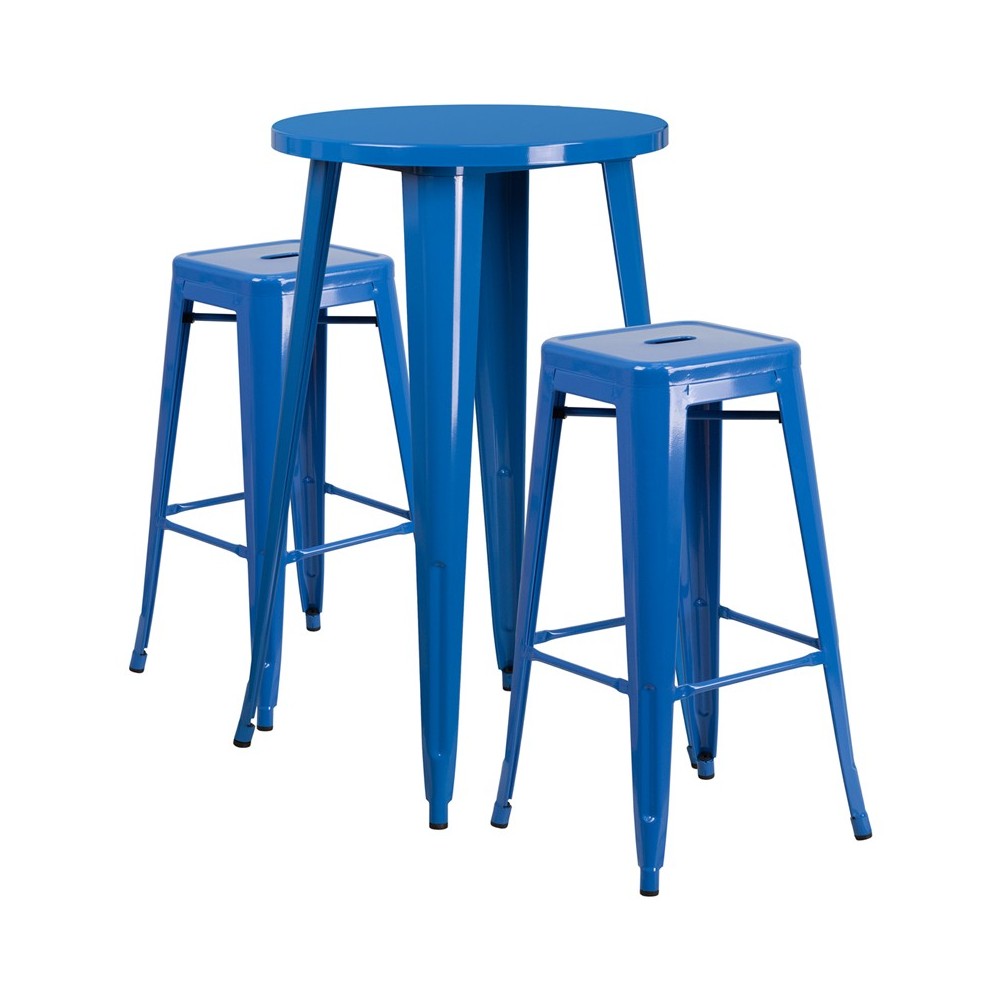 Commercial Grade 24" Round Blue Metal Indoor-Outdoor Bar Table Set with 2 Square Seat Backless Stools