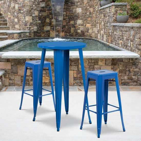 Commercial Grade 24" Round Blue Metal Indoor-Outdoor Bar Table Set with 2 Square Seat Backless Stools