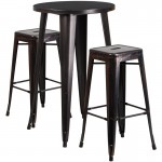 Commercial Grade 24" Round Black-Antique Gold Metal Indoor-Outdoor Bar Table Set with 2 Square Seat Backless Stools