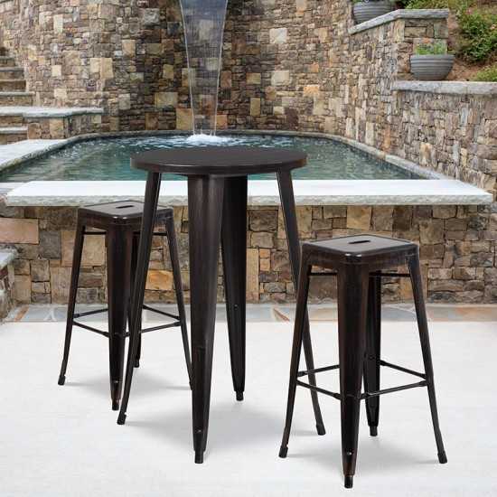 Commercial Grade 24" Round Black-Antique Gold Metal Indoor-Outdoor Bar Table Set with 2 Square Seat Backless Stools