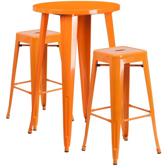 Commercial Grade 24" Round Orange Metal Indoor-Outdoor Bar Table Set with 2 Square Seat Backless Stools