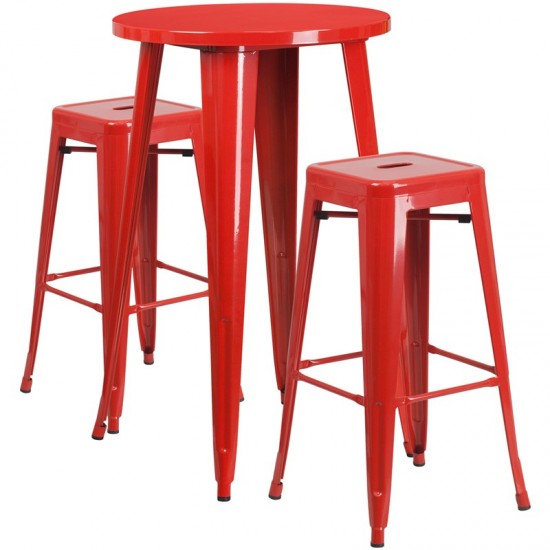 Commercial Grade 24" Round Red Metal Indoor-Outdoor Bar Table Set with 2 Square Seat Backless Stools