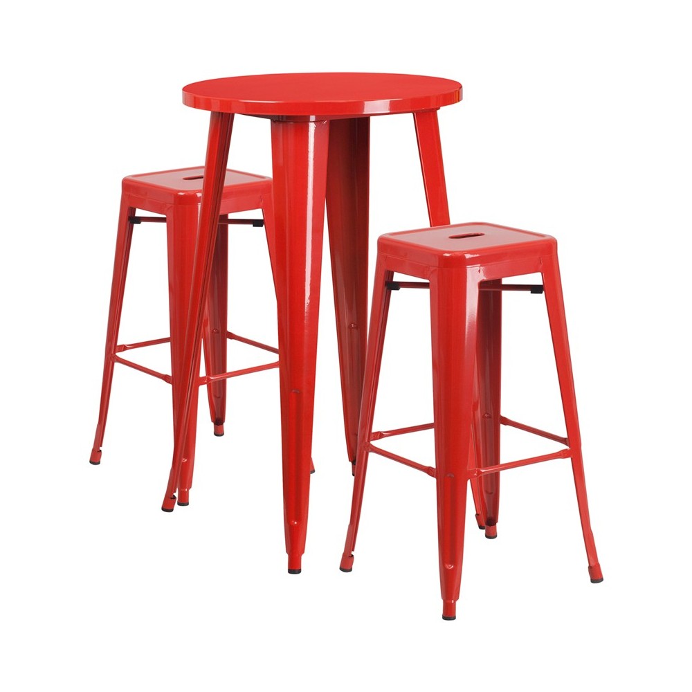 Commercial Grade 24" Round Red Metal Indoor-Outdoor Bar Table Set with 2 Square Seat Backless Stools Commercial Grade 24" Round Red Metal Indoor-Outdoor Bar Table Set with 2 Square Seat Backless Stools