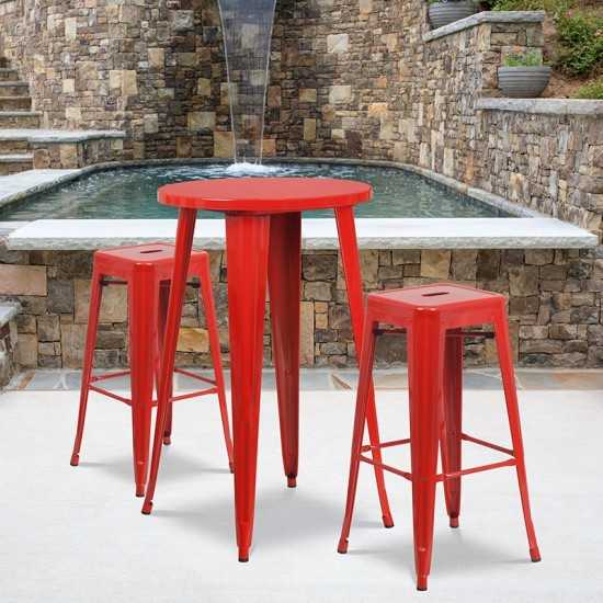 Commercial Grade 24" Round Red Metal Indoor-Outdoor Bar Table Set with 2 Square Seat Backless Stools