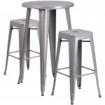 Commercial Grade 24" Round Silver Metal Indoor-Outdoor Bar Table Set with 2 Square Seat Backless Stools