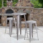 Commercial Grade 24" Round Silver Metal Indoor-Outdoor Bar Table Set with 2 Square Seat Backless Stools