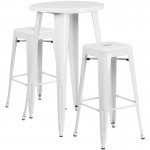 Commercial Grade 24" Round White Metal Indoor-Outdoor Bar Table Set with 2 Square Seat Backless Stools