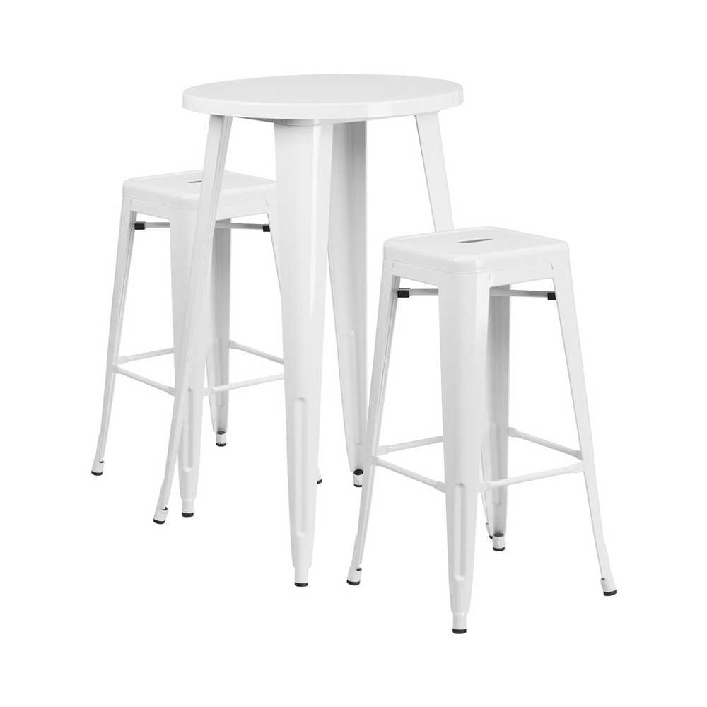 Commercial Grade 24" Round White Metal Indoor-Outdoor Bar Table Set with 2 Square Seat Backless Stools