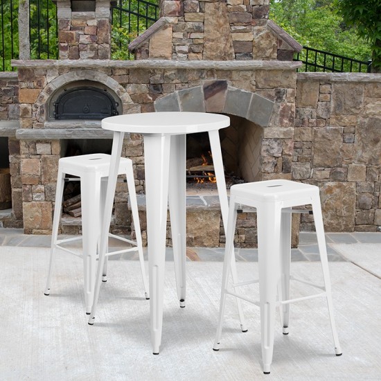 Commercial Grade 24" Round White Metal Indoor-Outdoor Bar Table Set with 2 Square Seat Backless Stools