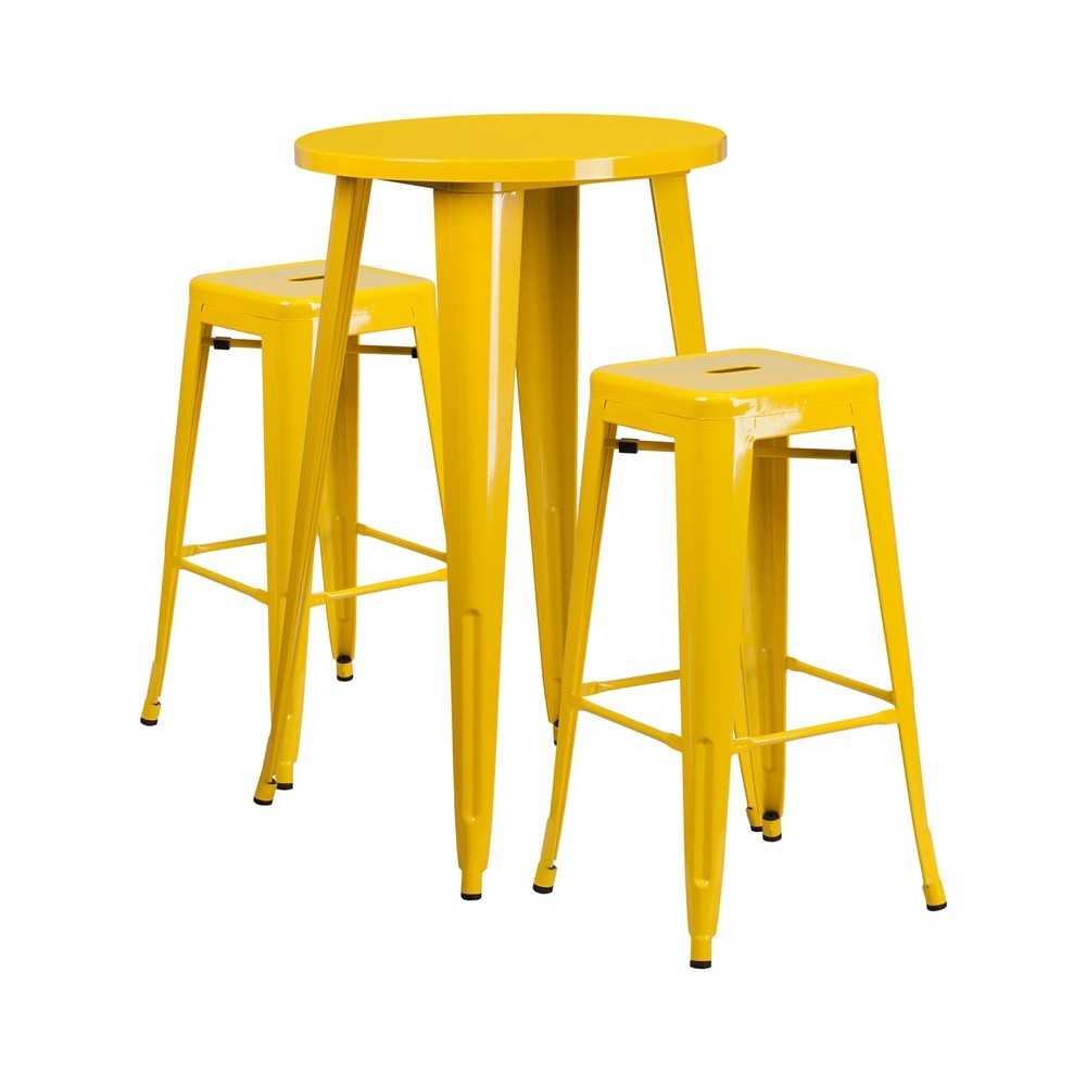 Commercial Grade 24" Round Yellow Metal Indoor-Outdoor Bar Table Set with 2 Square Seat Backless Stools