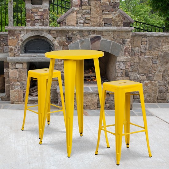 Commercial Grade 24" Round Yellow Metal Indoor-Outdoor Bar Table Set with 2 Square Seat Backless Stools