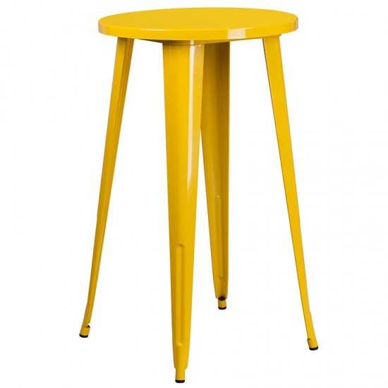 Commercial Grade 24" Round Yellow Metal Indoor-Outdoor Bar Table Set with 2 Square Seat Backless Stools