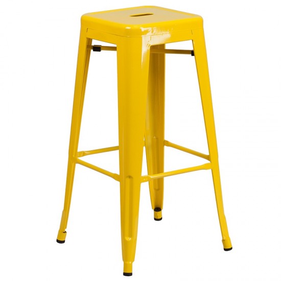 Commercial Grade 24" Round Yellow Metal Indoor-Outdoor Bar Table Set with 2 Square Seat Backless Stools