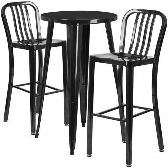 Commercial Grade 24" Round Black Metal Indoor-Outdoor Bar Table Set with 2 Vertical Slat Back Stools