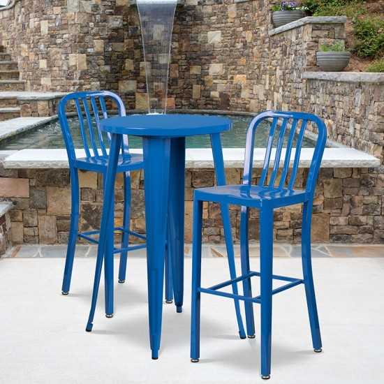 Commercial Grade 24" Round Blue Metal Indoor-Outdoor Bar Table Set with 2 Vertical Slat Back Stools