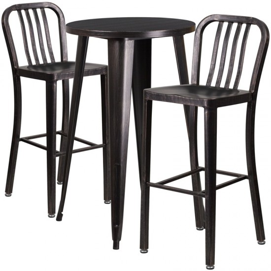 Commercial Grade 24" Round Black-Antique Gold Metal Indoor-Outdoor Bar Table Set with 2 Vertical Slat Back Stools