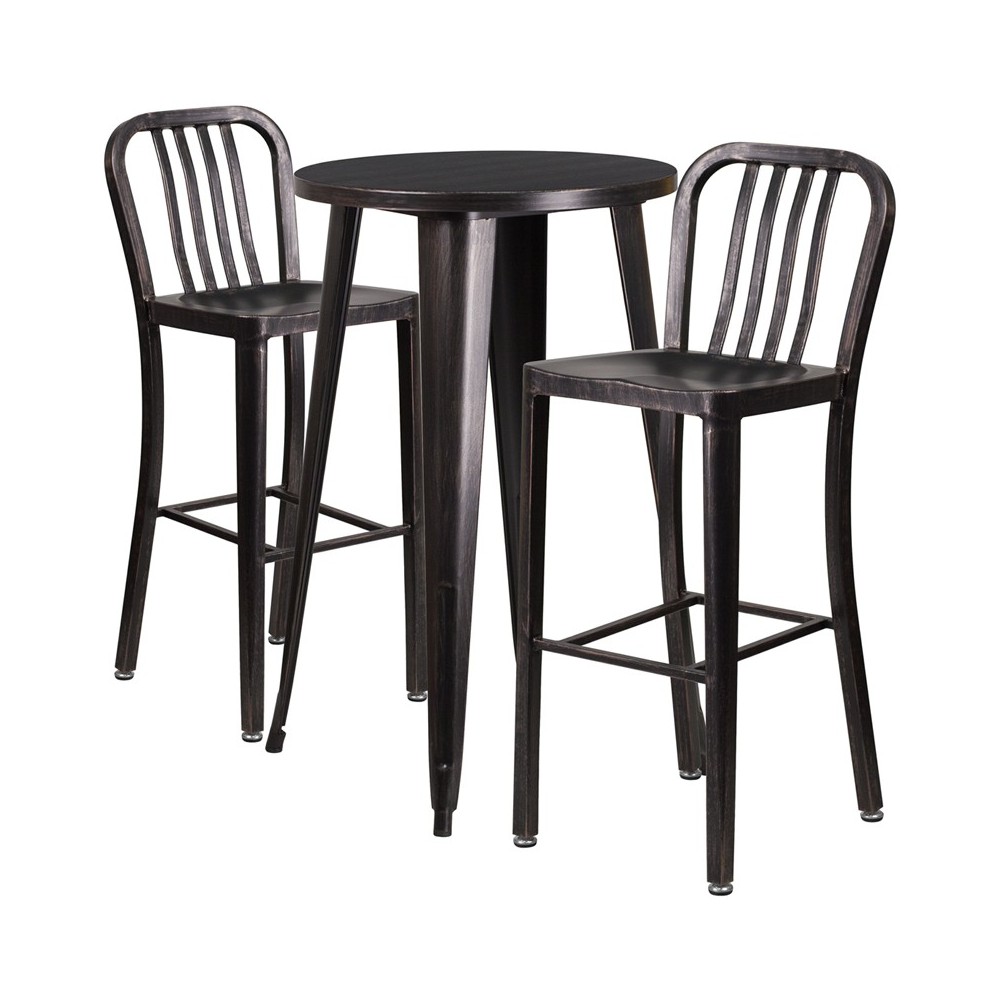 Commercial Grade 24" Round Black-Antique Gold Metal Indoor-Outdoor Bar Table Set with 2 Vertical Slat Back Stools