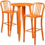 Commercial Grade 24" Round Orange Metal Indoor-Outdoor Bar Table Set with 2 Vertical Slat Back Stools